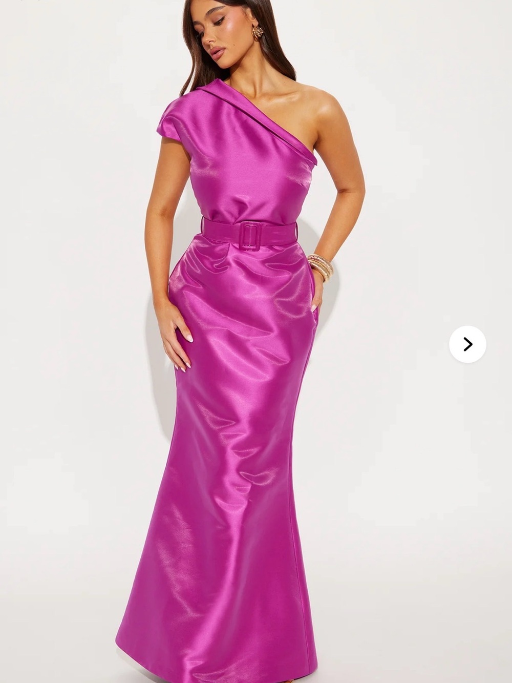 Fashion Nova One-Shoulder Satin Gown in Fuchsia